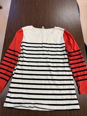 J. Crew White & Black Striped Top with Red Sleeves